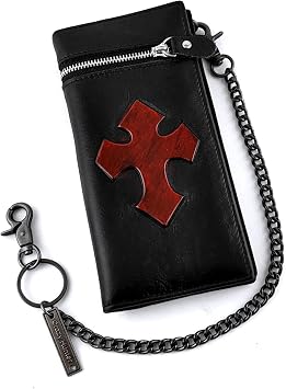 Mens Genuine Leather Black Card/Money Gothic Cross Wallet with Chain long