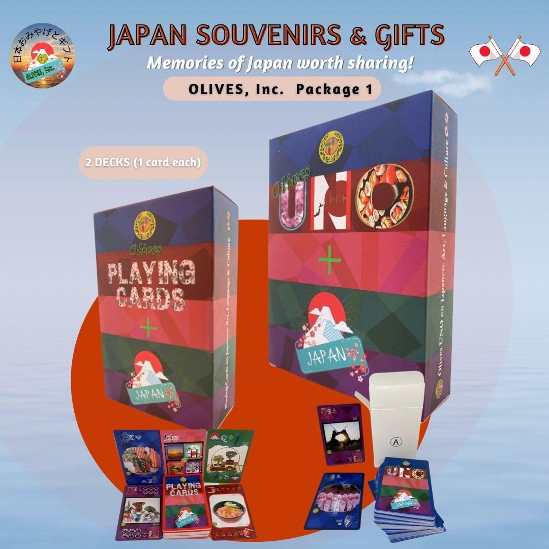 Olives Jeu de cartes + Japon & Olives UNO+Japan Set (2 decks : 54+108 belles cartes toutes différentes) Caractéristique Art japonais Langue Culture Souvenir populaire OIJ