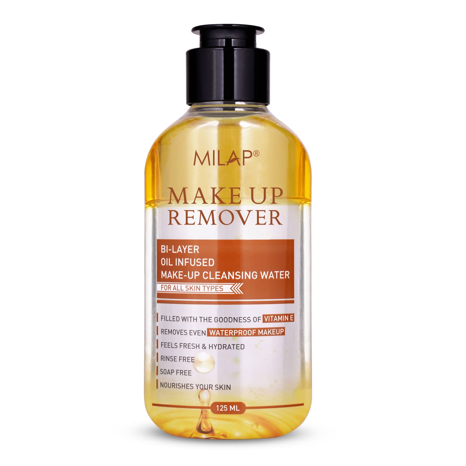 Milap BI-Layer Oil Infused Cleansing Water For Waterproof Makeup Remover, Goodness Of Argan Oil & Vitamin E For All Skin Types 125ml