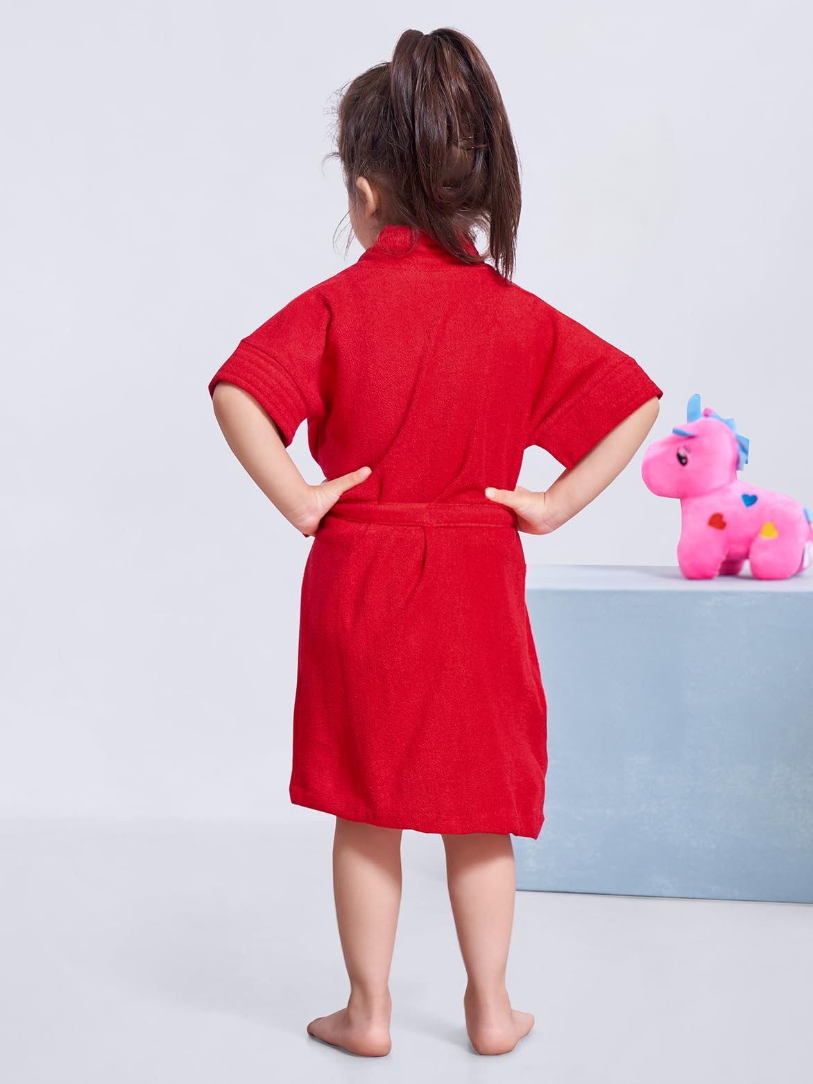Sanddune Baby Girl's Terry Cotton Half Sleeves, Knee Length, Pocket with Waist Belt Bathrobe Gown (Red, 1-2 Years) 3