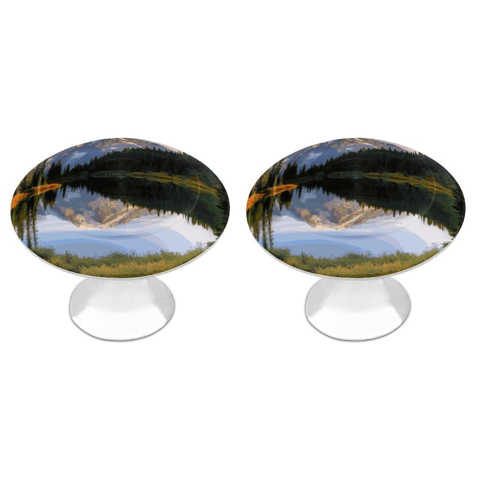 Fodpand White 2 Pack Cabinet Knobs 1.1 Inch Single Hole Drawer Pulls Handles Decorative Mountain And Lake Pictures Furniture Knobs For Dresser Kitchen Bathroom Cupboard Wardrobe Vanity Closet Door Hardware