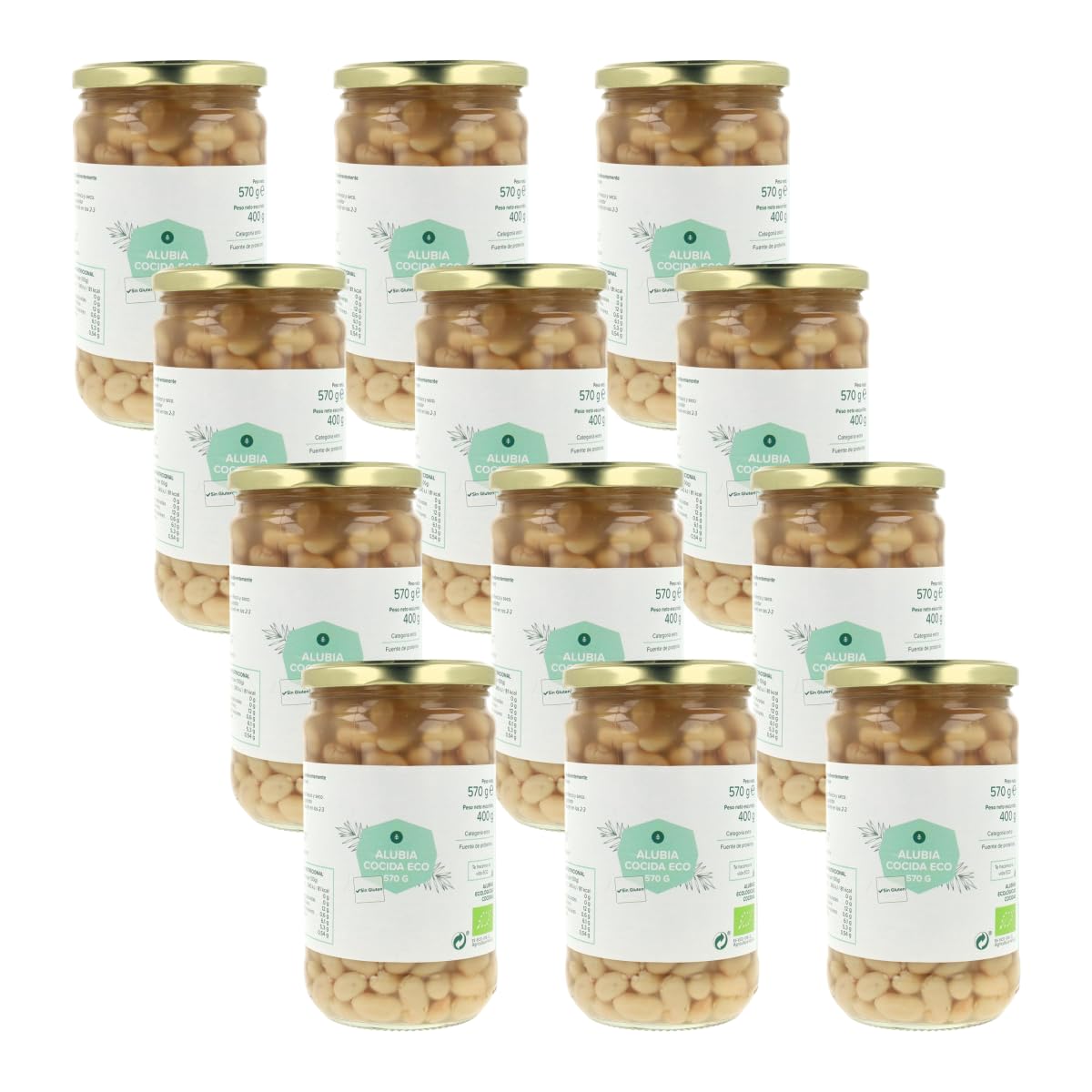 PLANETA HUERTO | Pack 12 x Alubia Cocida ECO 570g, Fuente de Proteínas Vegetales y Fibra Natural