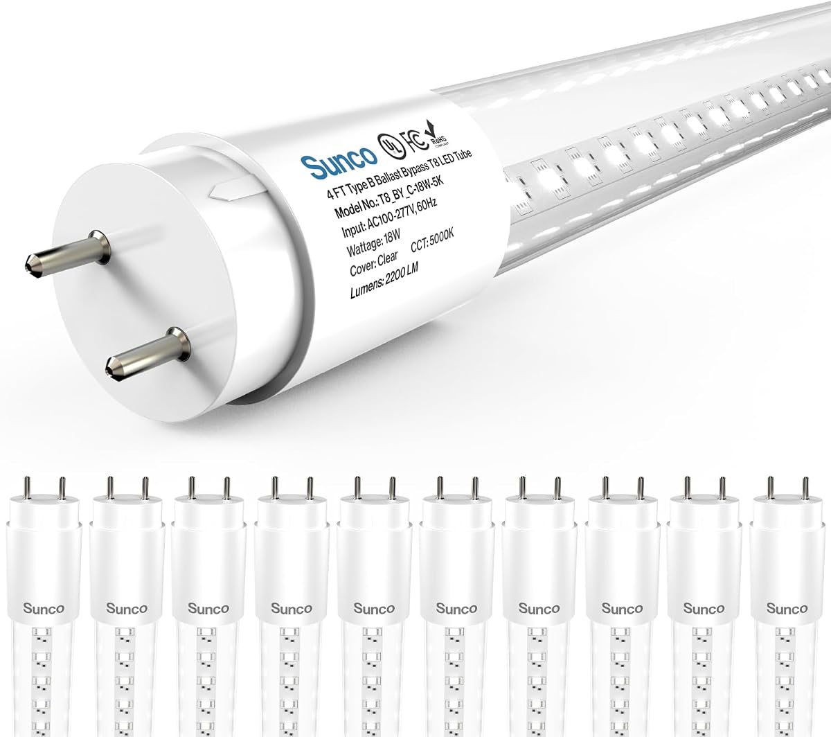 Sunco 10 Pack 4 Foot T8 LED Tube Light Bulbs, 18W, 5000K, Ballast Bypass | 2200LM, Clear Lens, Daylight, Single-Ended Power, 48 Inch Fluorescent Bulb Replacement, Retrofit, Type B, Commercial Grade