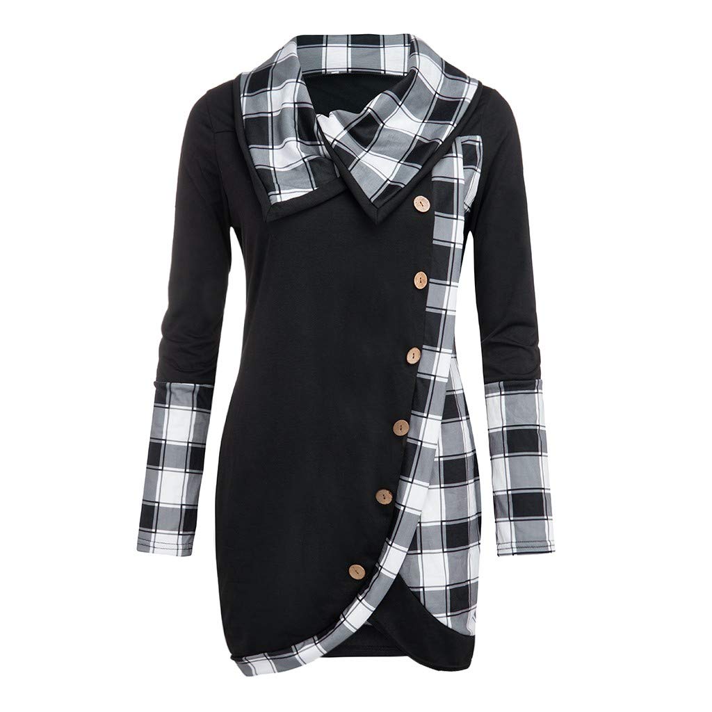 Blouse Women Long Sleeve Plaid Turtleneck Tartan Tunic Sweatshirt Pullover Tops