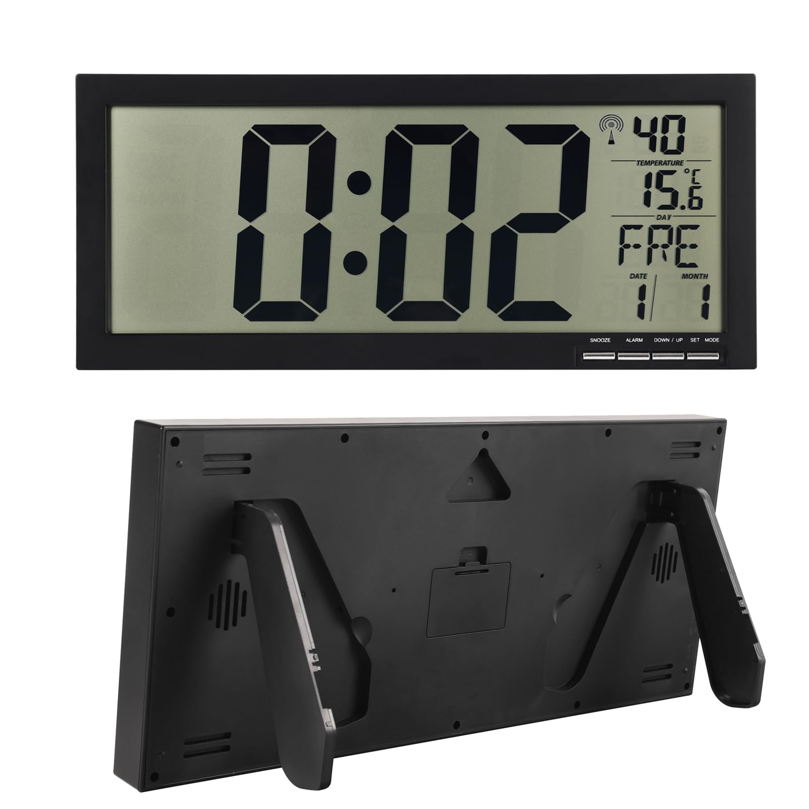 Crosstime Grande orologio da parete digitale per anziani – orologio radio con data, giorno della settimana e temperatura, facile da leggere, nero, 37 x 16 cm