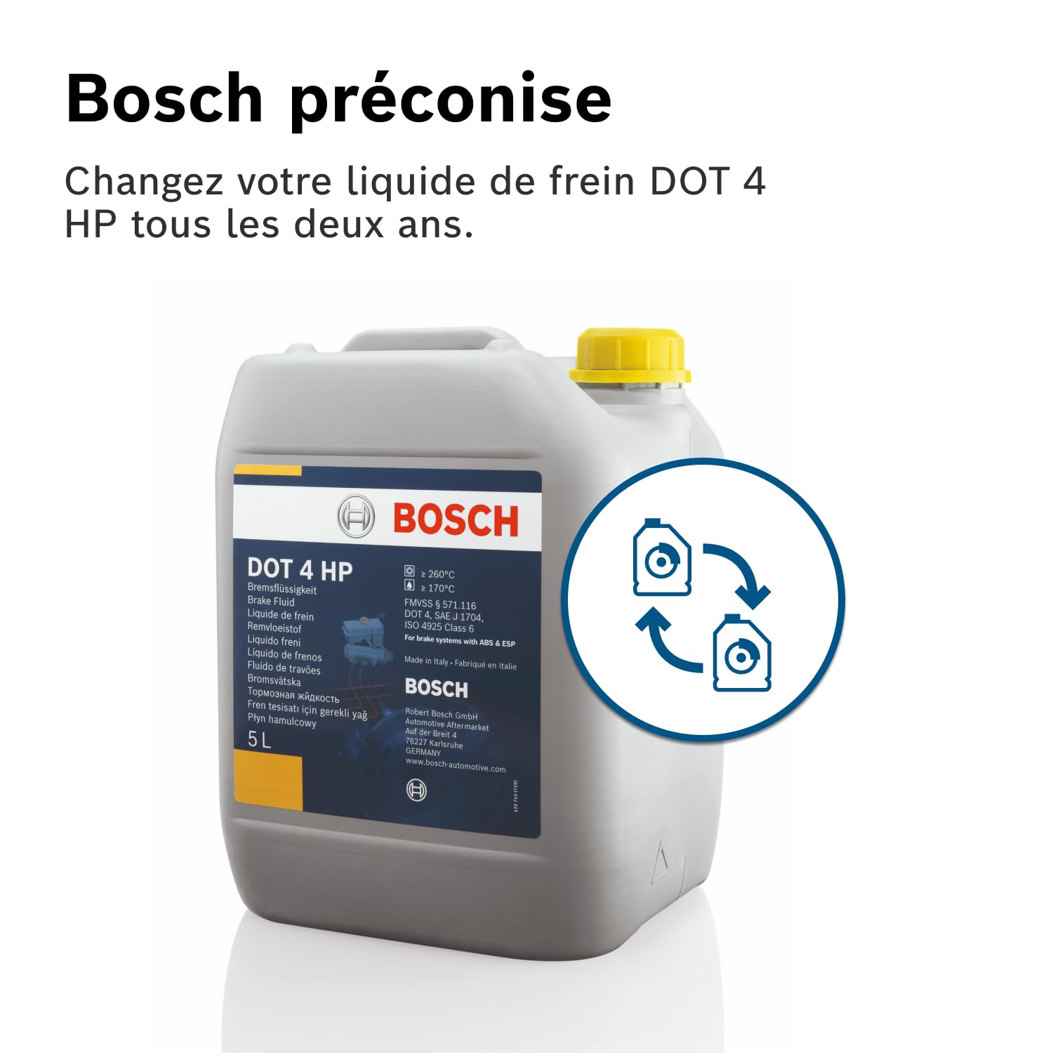 Bosch DOT4 HP Brake Fluid - 5L | Pour Tous les Véhicules Modernes Équipés de Freins ABS et ESP