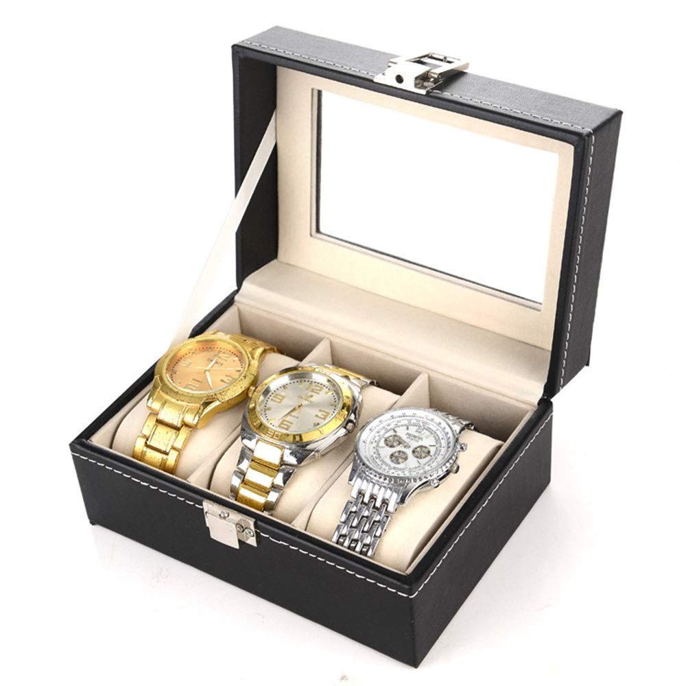 Chtom Caja de almacenamiento para relojes con hebilla de metal, 3 ranuras, color negro (color: negro, tamaño: 15,8 x 11 x 8 cm) (color: negro, tamaño: 15,8 x 11 x 8 cm)