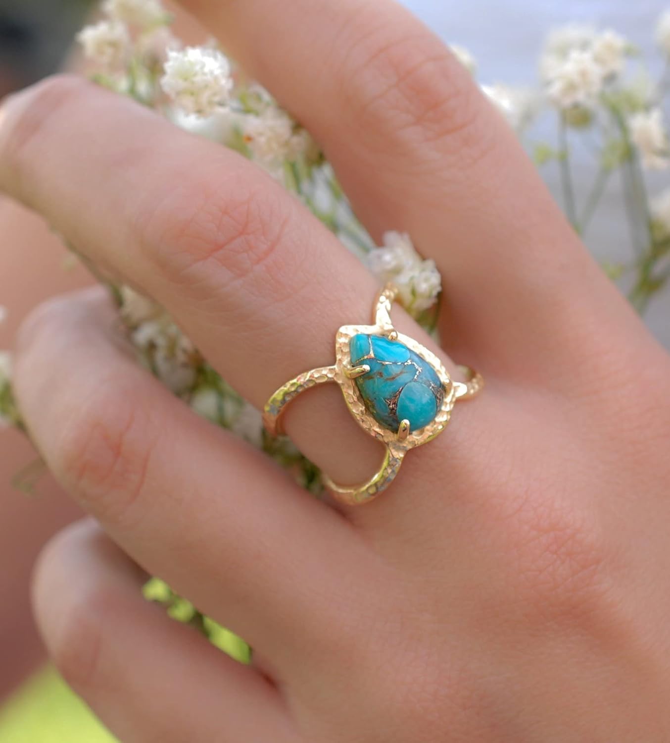 Retro Simple 18K Gold Plated Inlaid Teardrop Pear Shaped Turquoise Ring Size 6-10,Large Birthstone Ring or Statement Ring（8） - Image 5