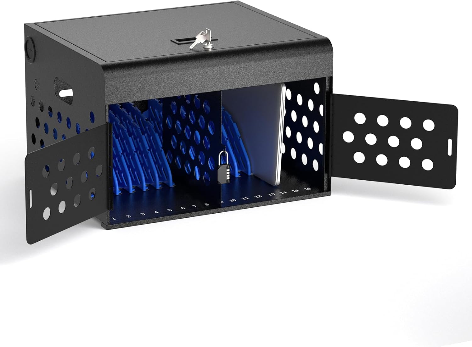 POCHAR 16-Device Locking Tablet Charging Station - Classroom Charging Station for Chromebook Tablet Laptop - Metal Laptop Charging Cart with Cable Management and Charger Organization (Black)