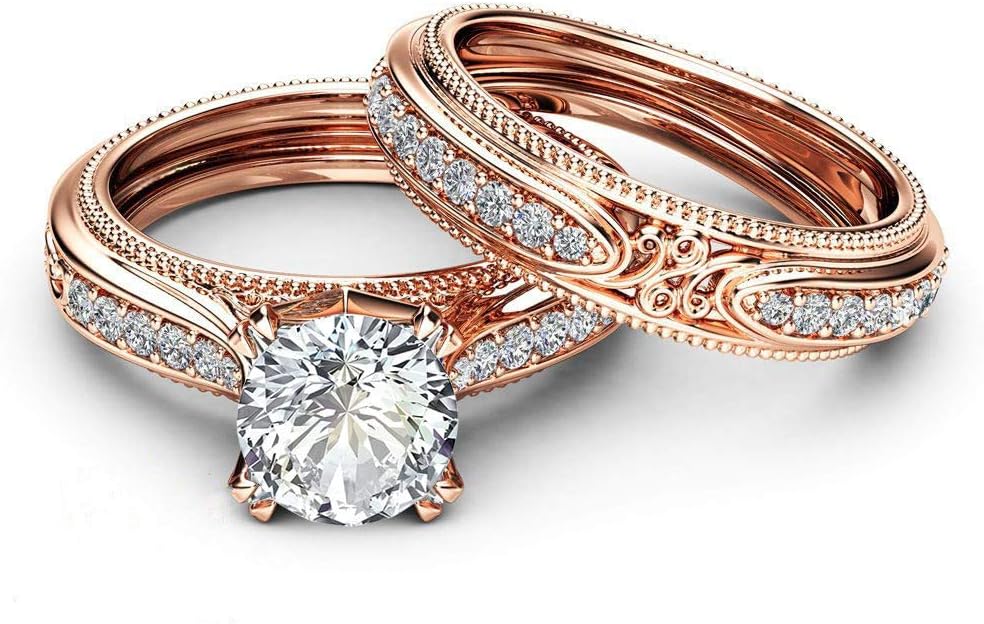 AZQ 925 Sterling Silver Fashion 18k Rose Gold Bride Ring Round Cut Cubic Zirconia Anniversary Promise Rings Set CZ Classic Eternity Engagement Wedding Band Ring for Women - Image 4