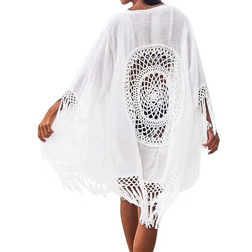 CUPSHE Women's Tassel Long Kimono Cardigans Beach Swimsuit Bikini Cover Up White