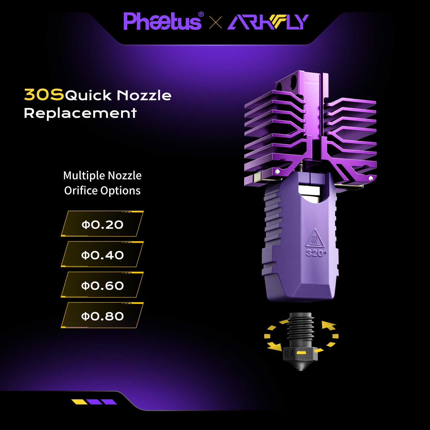 PhaetusxArkfly High Flow QIDI Plus4 Hotend 30mm³/s Max Flow Rate, 2.5X Service Life Removable V6 EndCoat® Hardened Nozzle HV3300(0.2mm)