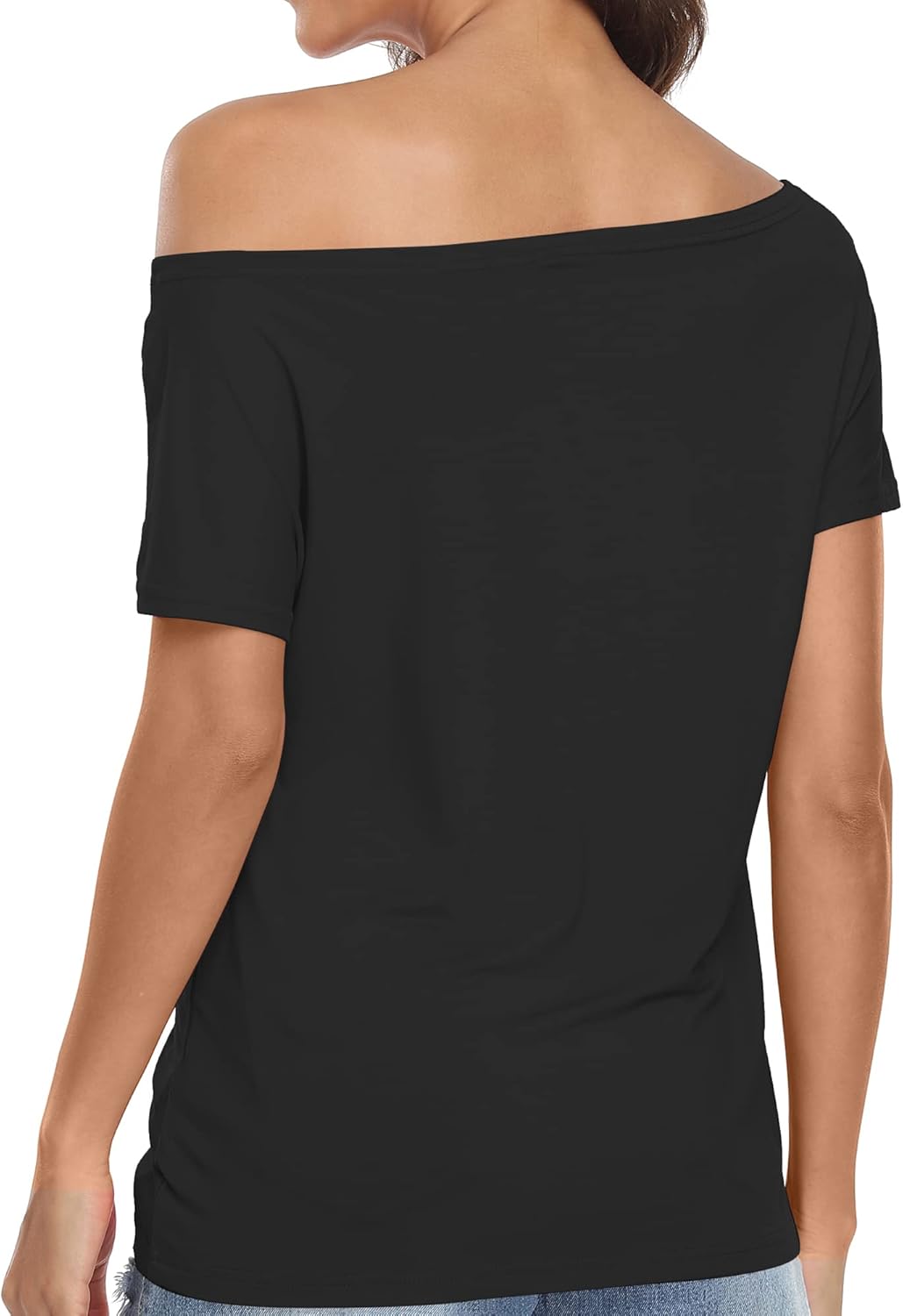 Womens Off The Shoulder Tops Summer Cute Cotton Short Sleeve Tee T-Shirt - Image 4