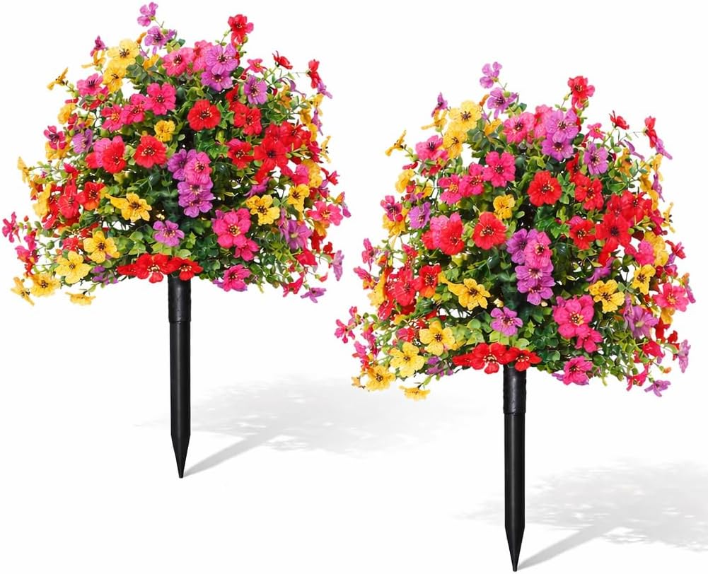 LWW Artificial Outdoor Plants, UV Resistant Faux Flower Topiary Balls with Ground Stakes, 22 Inch Realistic Fake Greenery Bushes, Waterproof Fade Resistant, Porch Garden Yard Patio Decor(2 Pack)