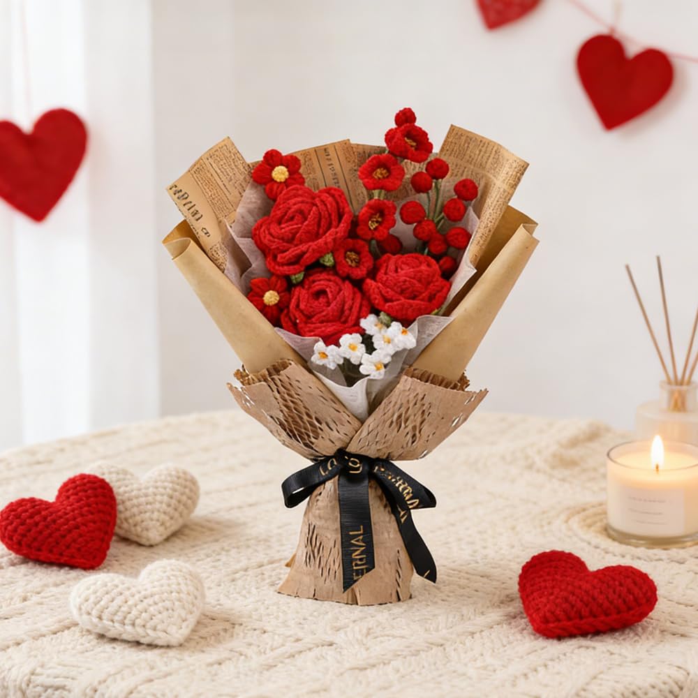 NAVESO Bouquet de fleurs en crochet fait à la main, roses rouges éternelles pour Saint-Valentin