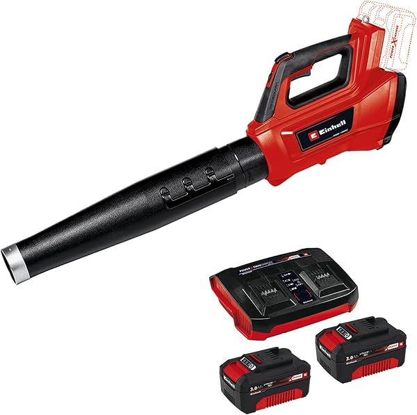 Souffleur de feuilles sans fil Einhell GE-LB 36/210 Li E-Solo, mode turbo, tube 3 longueurs amovible, 2 batteries 3,0 Ah et Twincharger