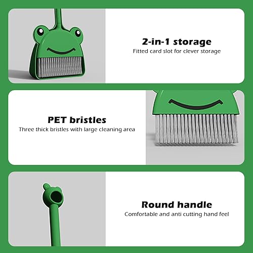 Miniatura 6 de Juego de escoba y recogedor para niños, bonito patrón de rana de dibujos animados, escoba para niños, sin olor, para colgar, mango suave, lavable,