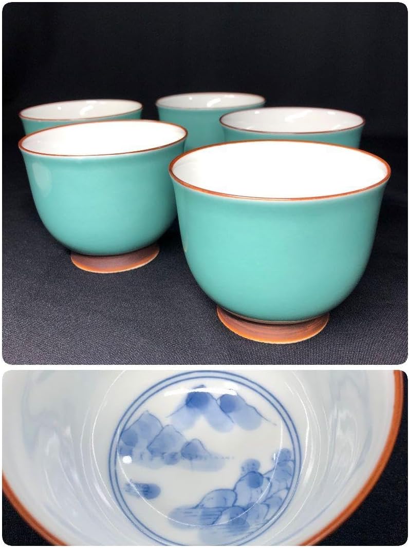 深川製磁 青磁 染付 山水絵 湯呑 5客 煎茶 仙茶 カップ 深川