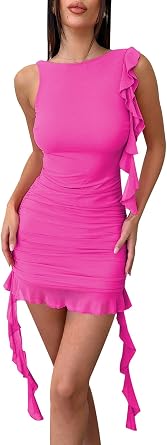 Essrite Womens Summer Sleeveless Crewneck Mesh Frills Ruffle Mini Bodycon Dresses Party Dress