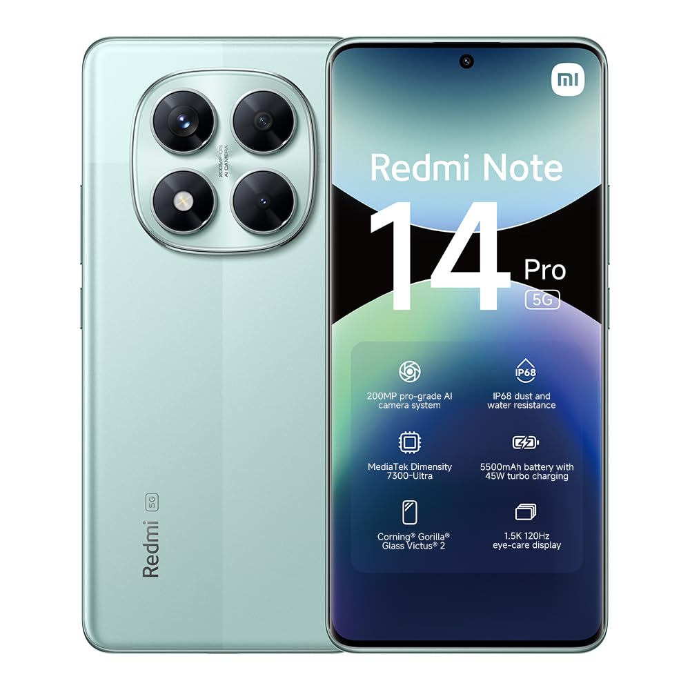XIAOMI Smartphone Redmi Note 14 Pro 5G, 8+256GB, fotocamera AI da 200MP, IP68, ricarica turbo da 45W con batteria da 5110mAh, funzionalità AI (caricabatterie non incluso), Verde