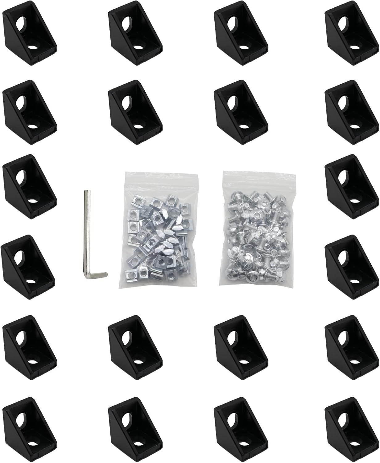 20pcs Black 2020 Series 1720 Aluminum Profile Corner Bracket with 40pcs M5 T Nuts +40pcs M5 Screws + 1pcs Wrench for Slot 6mm 20S Aluminum Rail Accessories - Amazon product rated Grade A