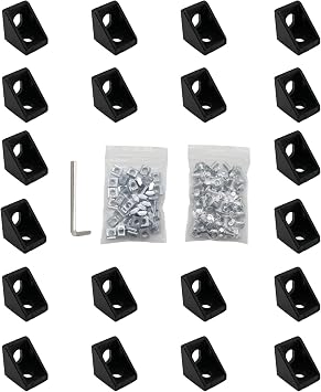 20pcs Black 2020 Series 1720 Aluminum Profile Corner Bracket with 40pcs M5 T Nuts +40pcs M5 Screws + 1pcs Wrench for Slot 6mm 20S Aluminum Rail Accessories 20PCS 1720 Corner Bracket