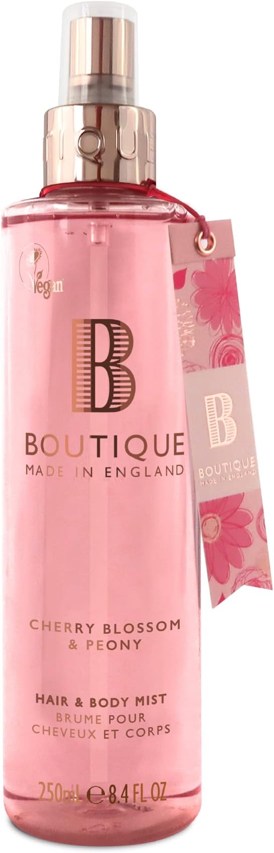 Boutique Body Spray 250ml - Cherry Blossom and Peony Fragrance Womens Hair & Body Mist - Refreshing, Moisturising With Essential Oils - Vegan - Made In England