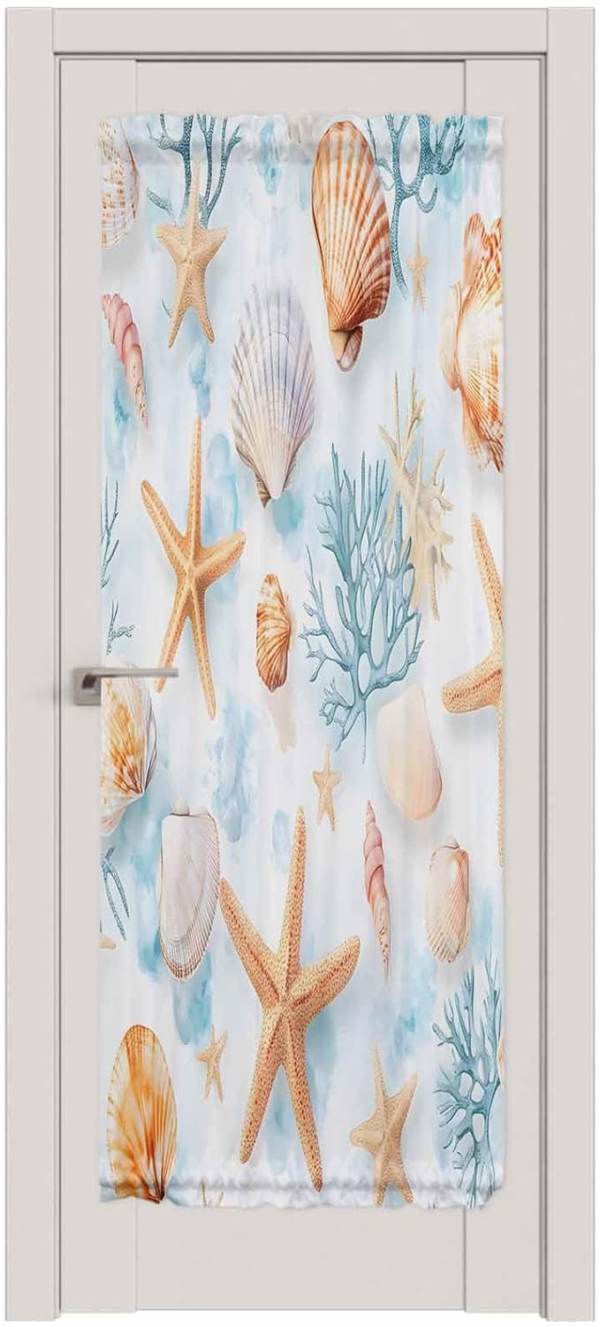 Ocean Sea Door Curtain 25" W x 72" L Shells Coral Starfish Door Window Curtains Marine Life Light Filtering Curtains for Door Window Sidelight Drapes for French Door Living Room
