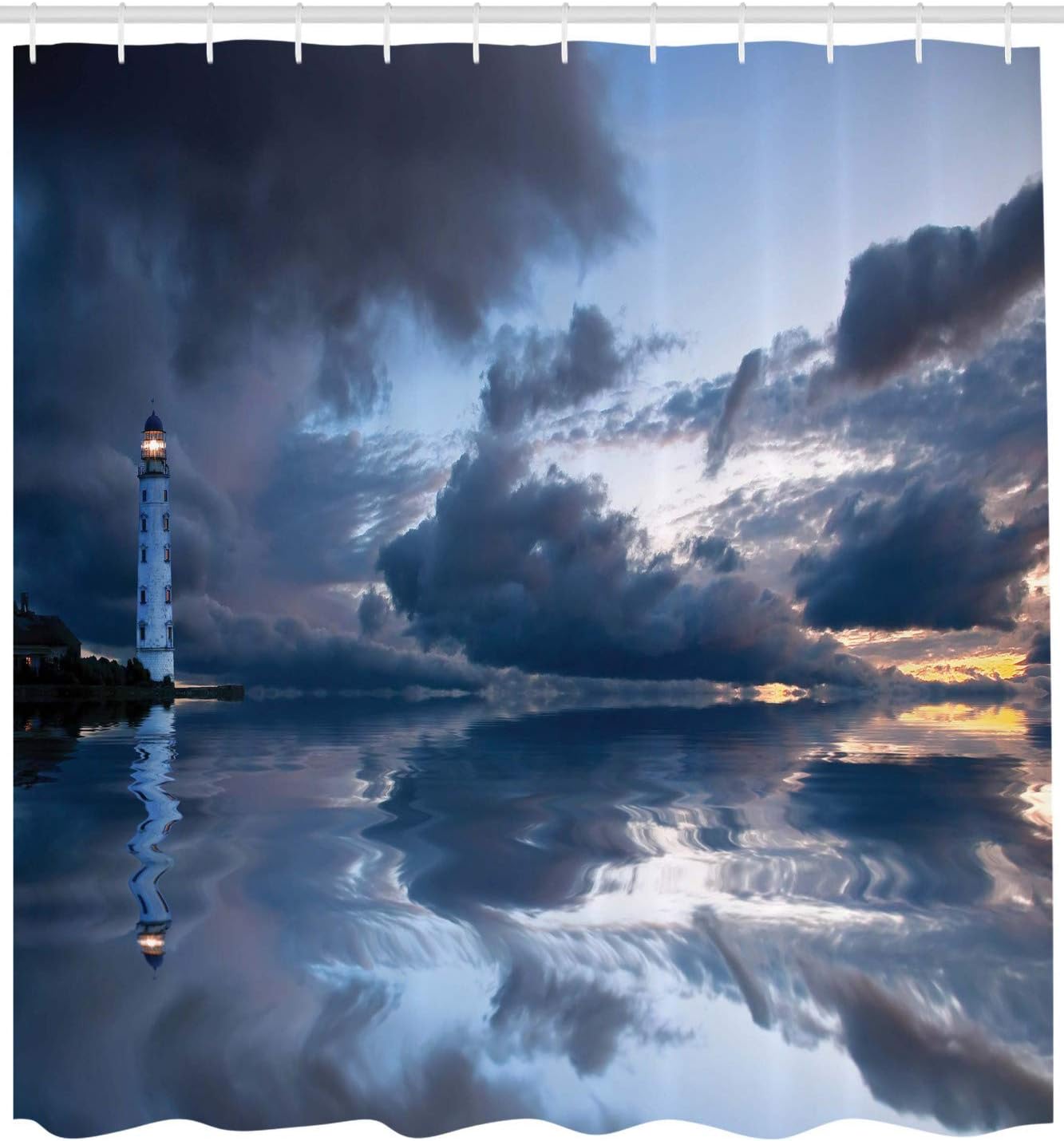 Ambesonne Lighthouse Shower Curtain, Lighthouse Sailing Dark Clouds Reflection on Atlantic Ccean Rainy Weather Shadow, Cloth Fabric Bathroom Decor Set with Hooks, 69" W x 70" L, Blue Grey