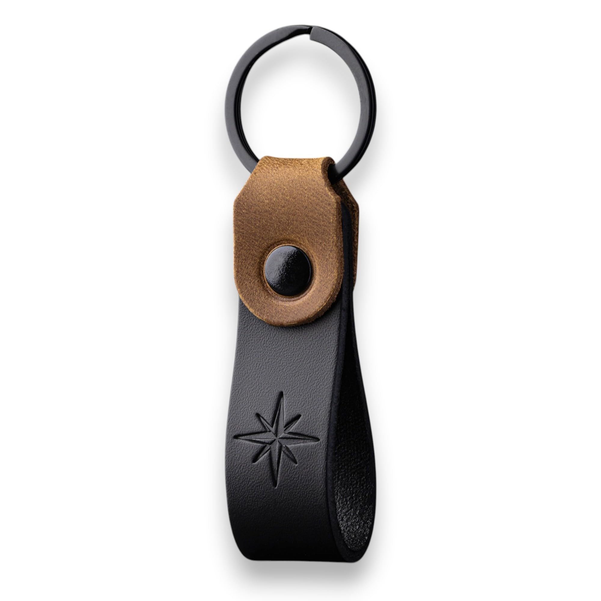 MAGOR Compact Leather Keyring for Men & Women – Personalised Black Full Grain Leather Keychain with Black Crazy Horse Accent, Car Keyring, Hot Embossed Design, Gift for Him Her Mum Dad (Compass)