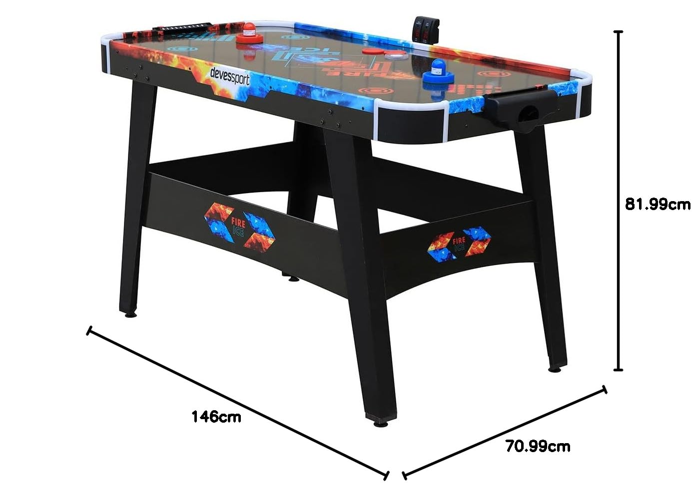 DEVESSPORT Air Hockey Fuego vs Hielo Incluye Dos Lanzadores Leds y Un Disco Led y Niveladores en Cada Pata | Mesa de Hockey con Luces LED Rojo y Azul, Marcador Electrónico y Baterías USB