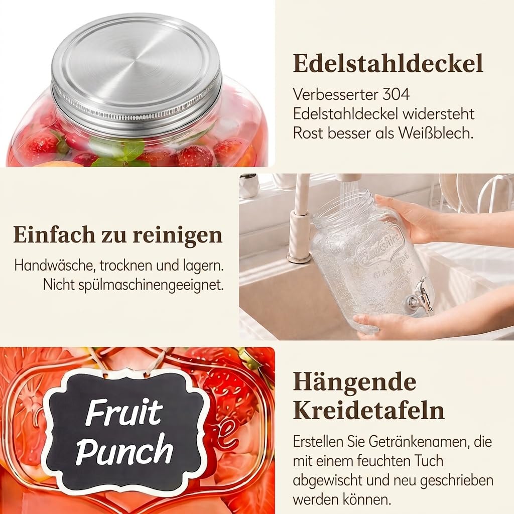 Lifewit 2x4L Getränkespender aus Glas mit Zapfhahn, Eiszylinder und Schild | Trinksäule mit Schild für Cocktail Bier Saft Wasser Tee Getränke, Limonadenspender mit Kühlung für Party Hochzeit Buffet