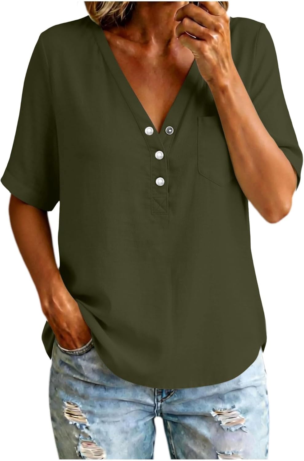 Womens Summer Cotton Linen Tops V Neck Short Sleeve Henley Button Shirts Dressy Business Casual Loose Fit Blouses