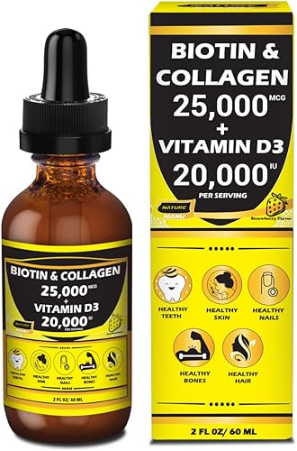 Nature Manu-Premium 25,000 mcg de biotina líquida y colágeno + 20,000 onzas de vitamina D3 todo en uno gotas diarias de bienestar. Apoya una piel