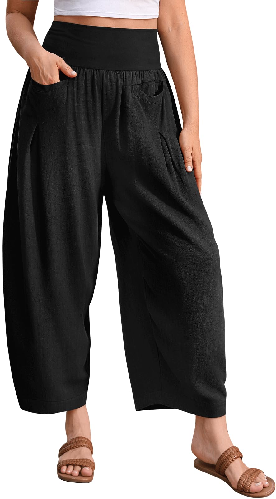 TARSE Womens Linen Harem Pants Loose Fit Boho Casual Trousers Wide Leg Lounge Pants with Pockets