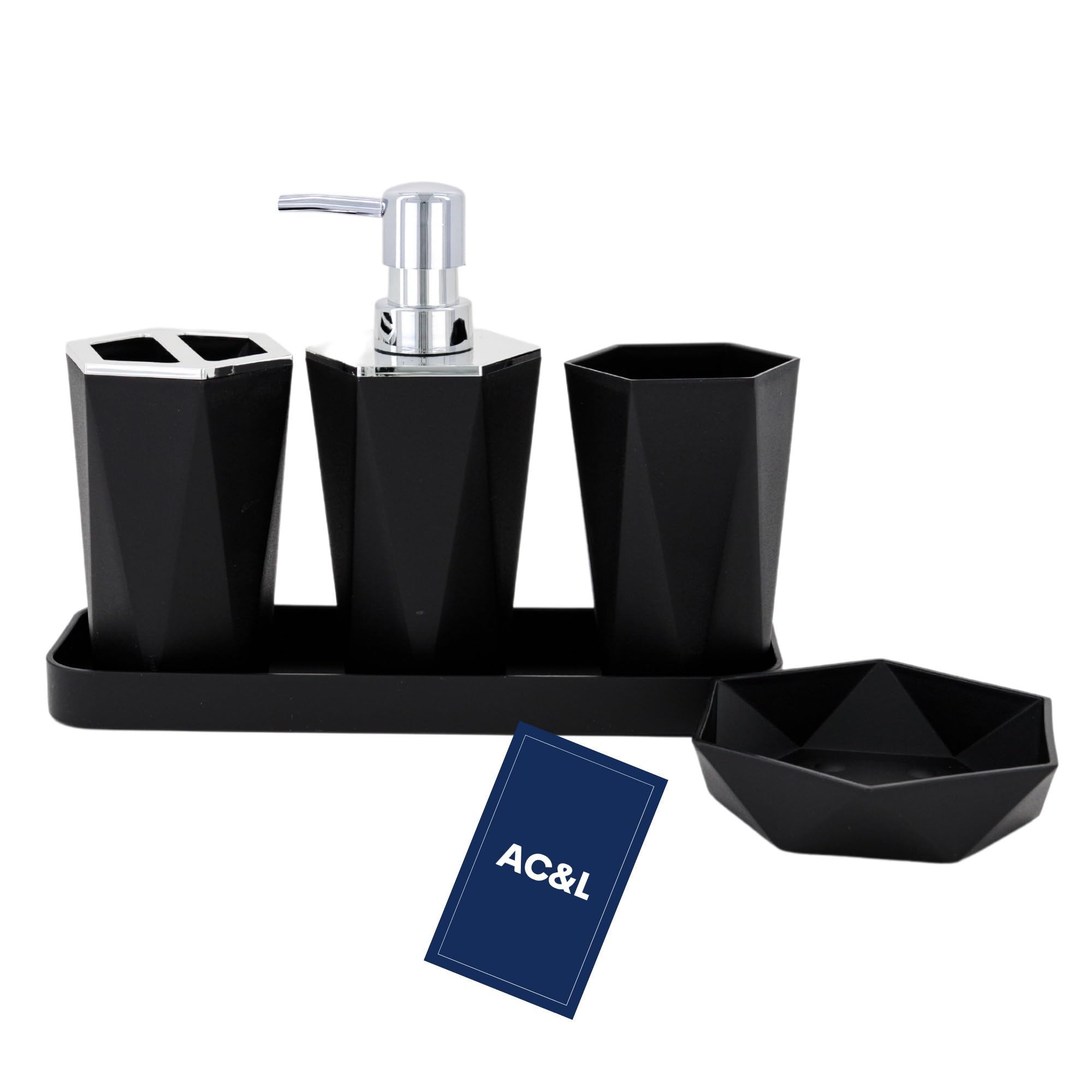 AC&L Bathroom Accessories Set, 5 Pcs Plastic Bathroom Counter Vanity Set, Liquid Soap Dispenser, Toothbrush Holder, Soap Dish, Q tips Tumbler, Vanity Tray, Modern Bathroom Decor Organizer (Black)