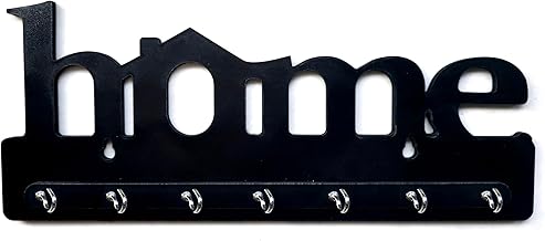 Premium Wooden MDF “Home” Key Holder | Wall Mounted Key Stand with 7 Stainless Steel Hooks | Decorative Organizer for Entryway & Living Room (Black)