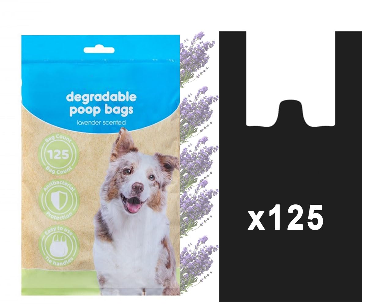 125 Degradable Dog Poo Bags - Lavender Scented, Tie Handle Design, Antibacterial Protection, Easy To Tie, Poop Waste Bag Refill Rolls for Dogs, Doggy Poop Bags with Tie Handles (125)