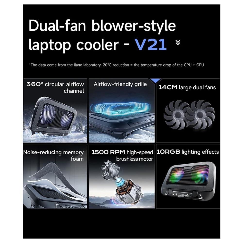 Składana podkładka chłodząca do laptopa V21 14 cm z podwójnym wentylatorem regulowane światła LED do laptopów 35.6 cm-43.9 cm