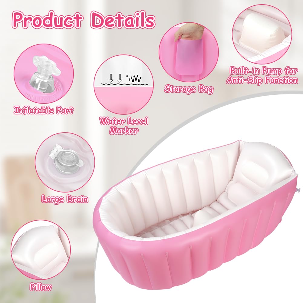 AUYAO Baignoire Gonflable pour Bébés 0-12 Mois, Bassin Pliable Portable Anti-Glissante pour Enfant avec Pompe à Air Intégrée, Cuve Piscine, Baignoire de Voyage pour la Maison et les Voyages, Rose