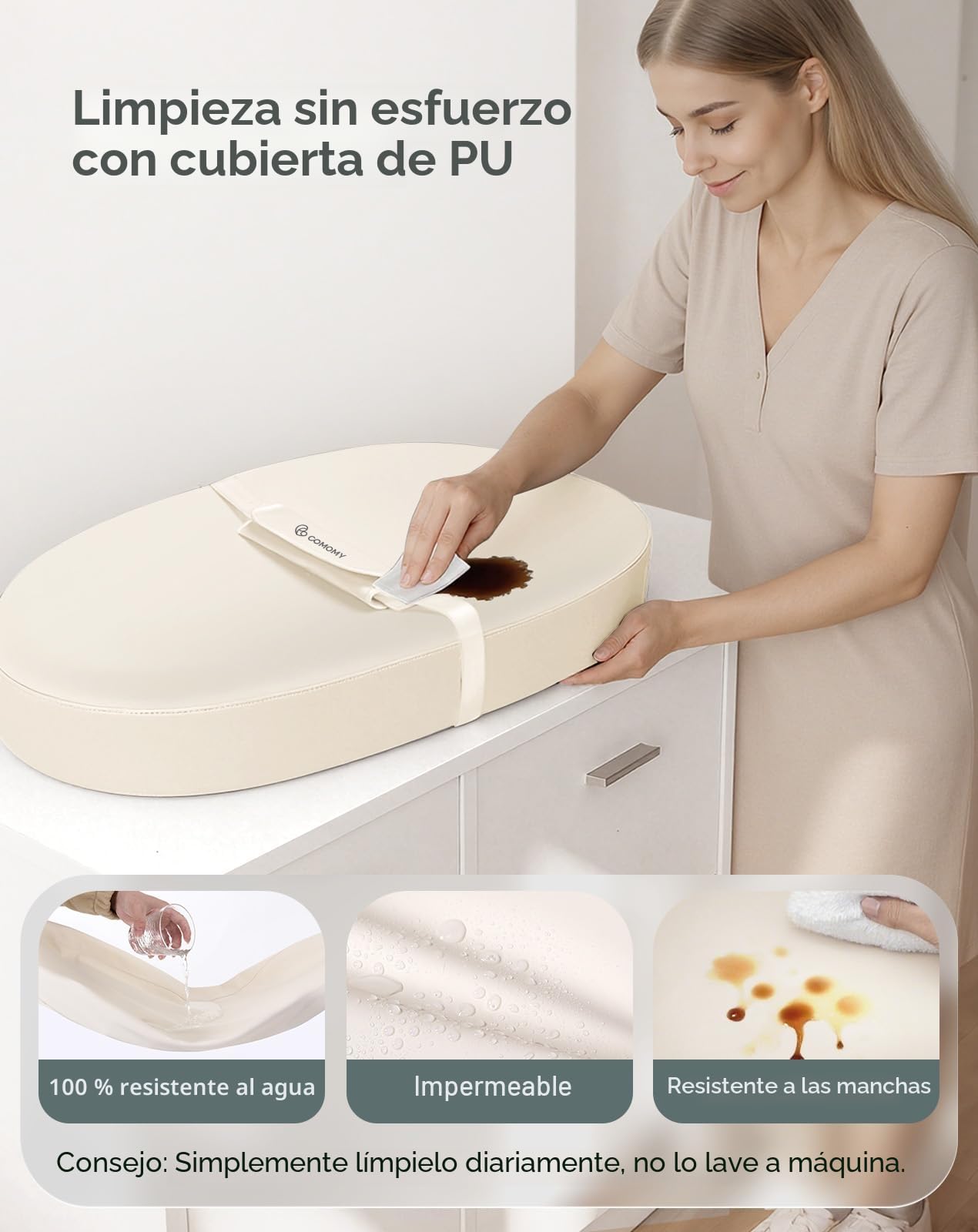 COMOMY Cambiador de piel vegana, 80 x 40 cm, impermeable y lavable, con cinturón de seguridad y diseño antideslizante, suave y ligero (beige)