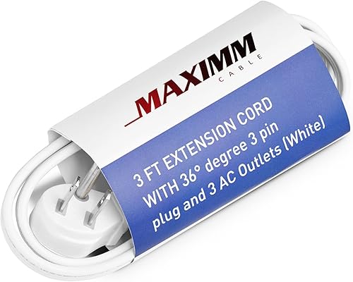 Miniatura 7 de Maximm Cable de extensión de enchufe plano de 3 pies, múltiples salidas, cable de extensión de enchufe en ángulo de 3 puntas, color blanco,