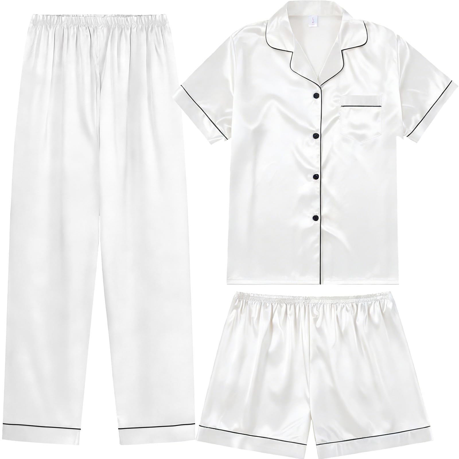 3 Piece Silk Satin Pajama Set for Women Soft V Neck Sleepwear