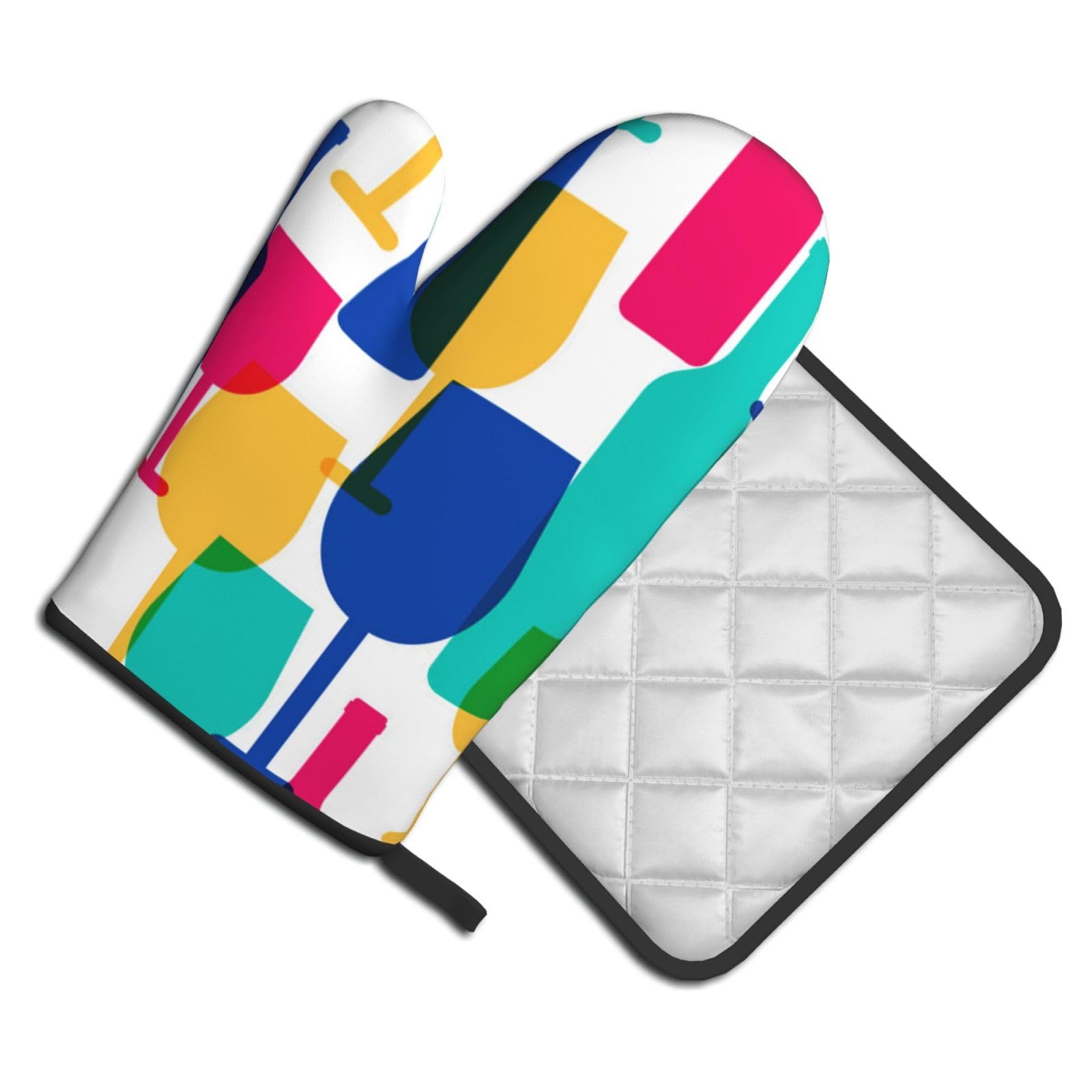 Oven Mitts and Pot Holders Set of 2 Pcs, Cocktail Glasses and Wine Bottles Printed Heat Resistant Kitchen Gloves Potholders for Cooking Baking Grilling