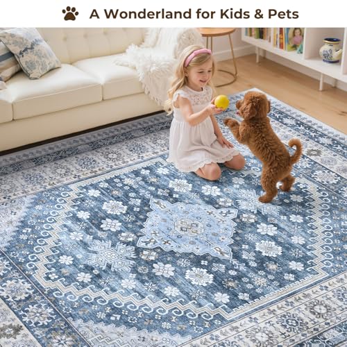 Carpelux Area Rugs 9x12 Living Room, Large Washable Vintage Rug, Boho Carpet, Non Slip & Stain Resistant Carpets for Bedroom Indoor Nursery Dining Under Table Home Decor, Blue/Beige — view 4