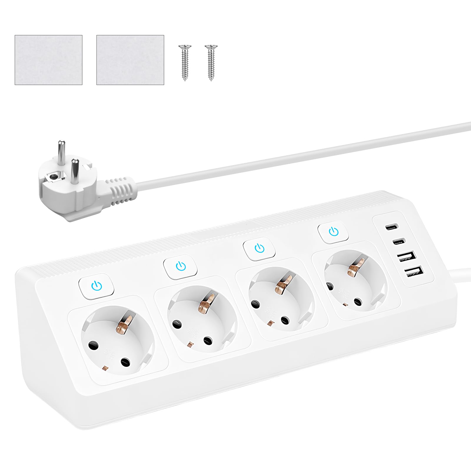 Multipresa a 4 prese con USB-C e Interruttori Indipendenti | Multipresa da Scrivania 4 porte USB, Multipresa con protezione da sovratensioni, 3680W, 16A, 2m, per cucina, casa e ufficio