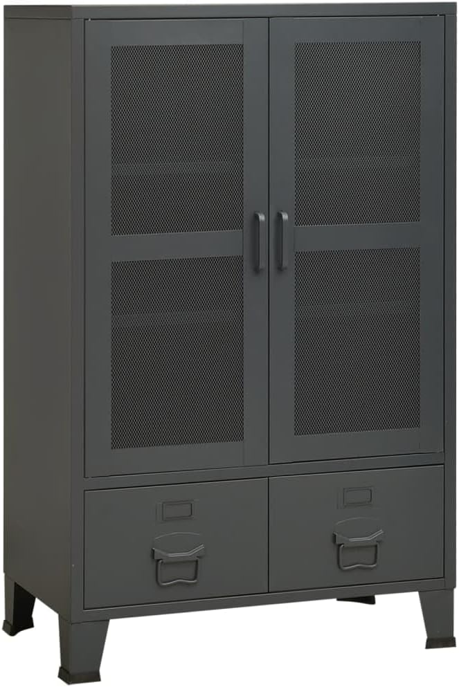 Anthracite Metal Storage Cabinet 27.6 x 15.7 x 45.3 in, Powder-Coated Steel Chest with Mesh Doors & Two Drawers, Compact for Living Room Bedroom Office