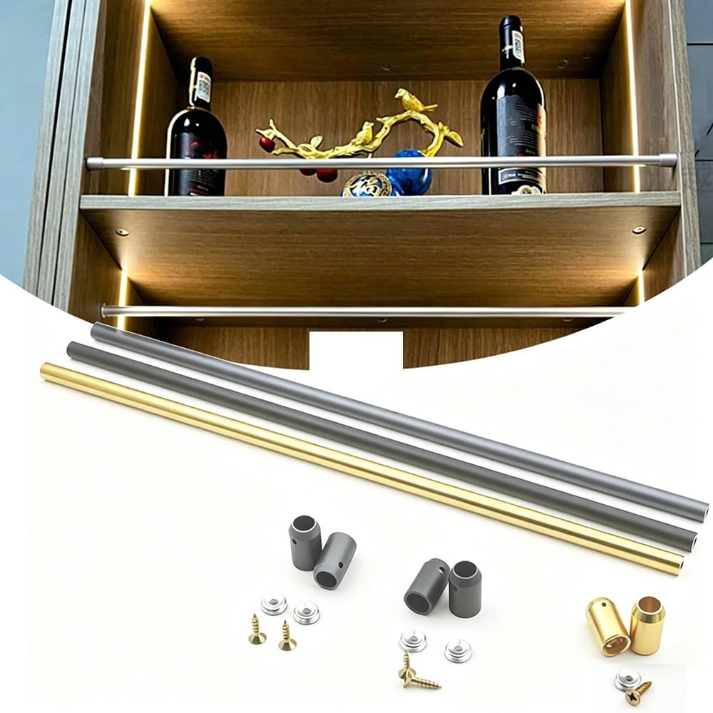 SVBVRFEEW Open Shelf Railing Bar Kit Anti-Fall Guardrail Decorative Rod Aluminum Support Pole Round Tube Edge Guard Rail for Shelves Shoe Cabinet(Silver,110cm/43.3in)
