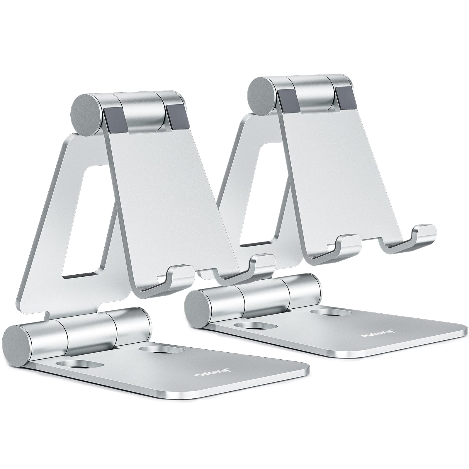 Nulaxy Dual Folding Phone Stand for Desk 2 Pack, Fully Adjustable Mobile Phone Holder Desktop Compatible with iPhone 15 14 13 12 11 Xs Xr X 8, HUAWEI, Samsung, All Smartphones, Silver & Silver