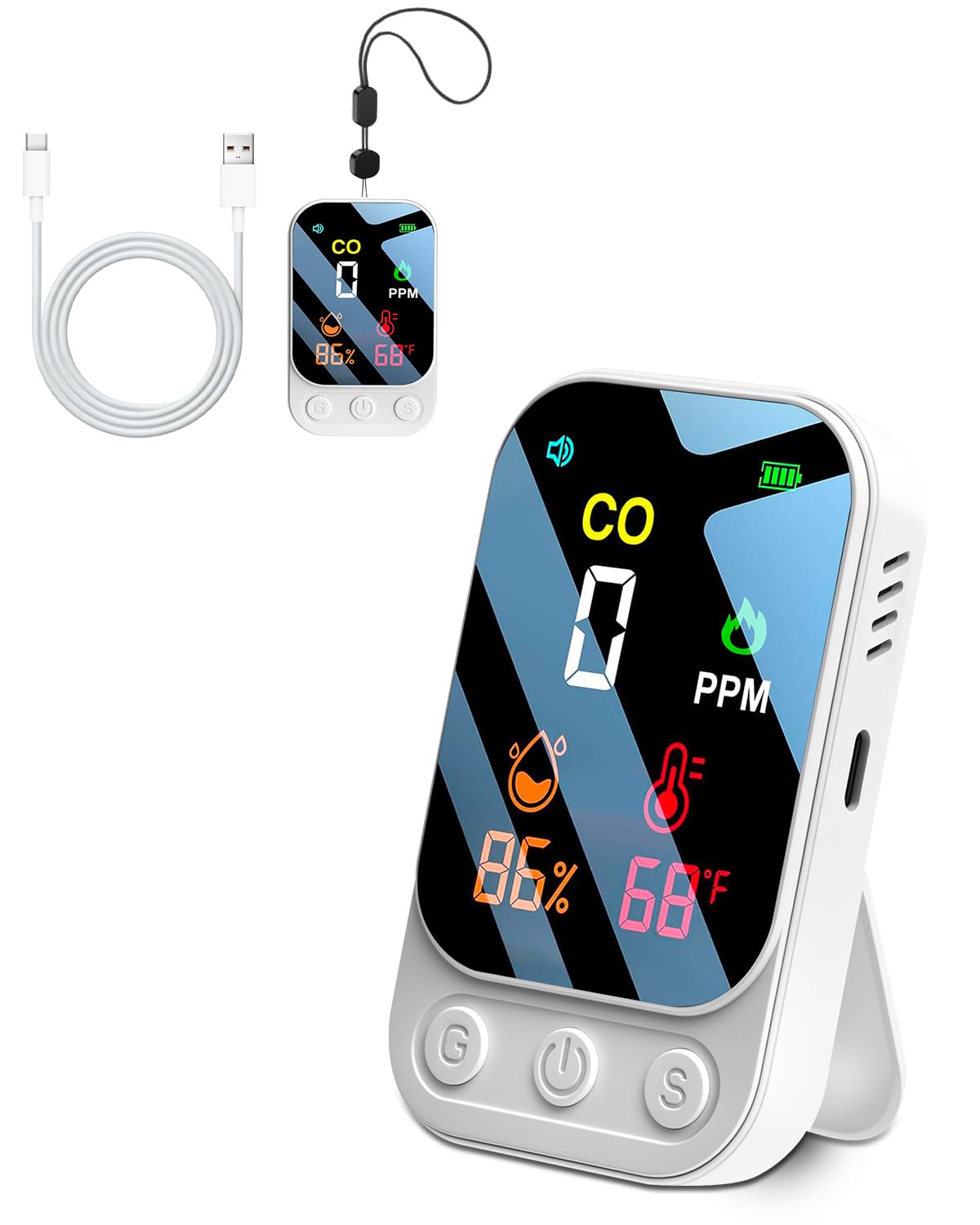 3 en 1 Detector Monóxido de Carbono Alarma De Monóxido Co Portable Carbon Monoxide Detector con Temperatura Humedad Alarma Audible y Visual para Viajes en Casa Camping Autocaravana